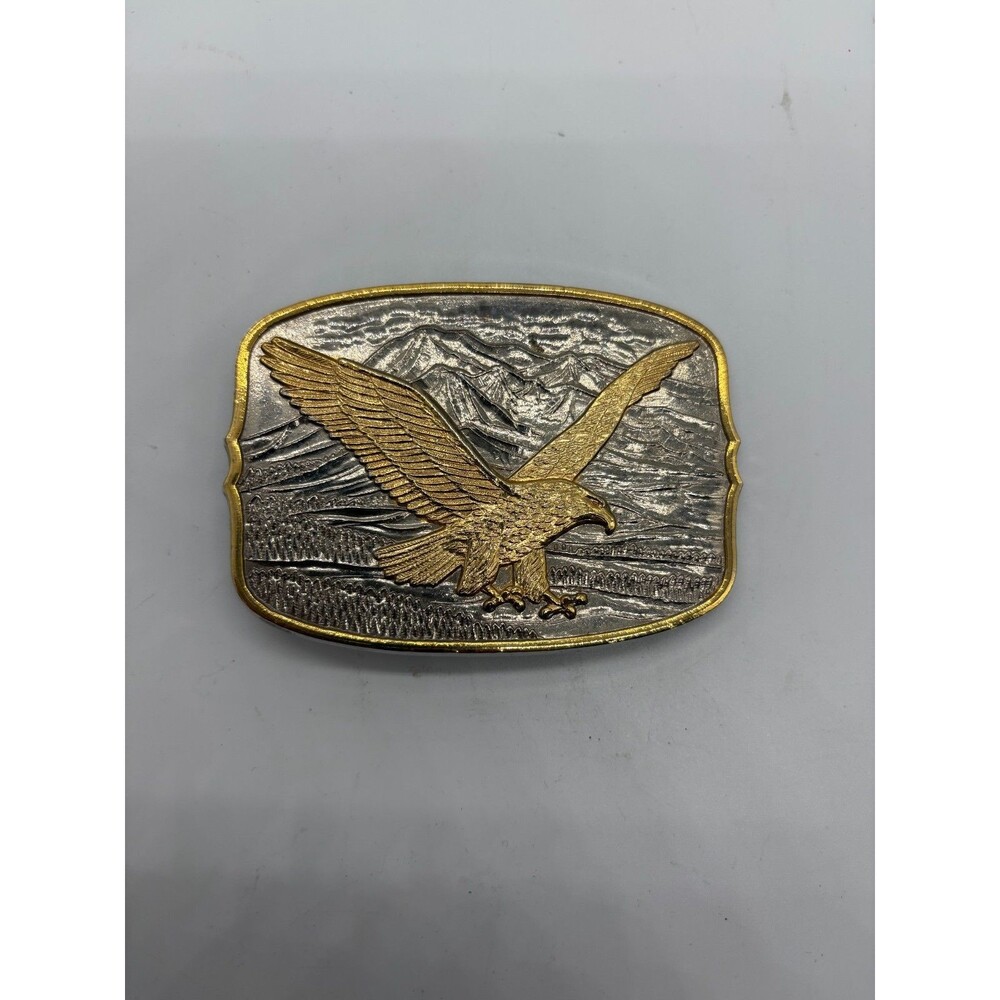 Vintage Gold Silver Eagle Belt Buckle with Mountains & Field Scene
